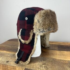 Mad Bomber Trapper Hat Red Black Buffalo Plaid Wool Natural Rabbit Fur Medium